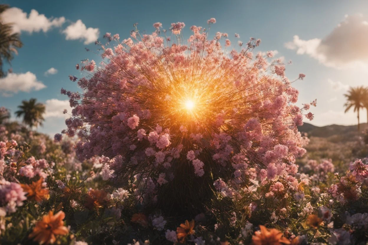 Atomic explosion, made of flowers, ULTRA REALISTIC, details, intricate detail, professional lighting, film lighting, 35mm, anamorphic, lightroom, cinematography, bokeh, lens flare, film grain, hdr10, 8k, Roger Deakins, incredibly detailed, reflect, sharpen