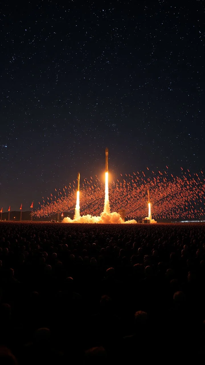 A field of random people in a bright lighting , 100 of rockets shot from earth to the sky with stars sky in a dark background , lot of rockets and falling stars filling the picture