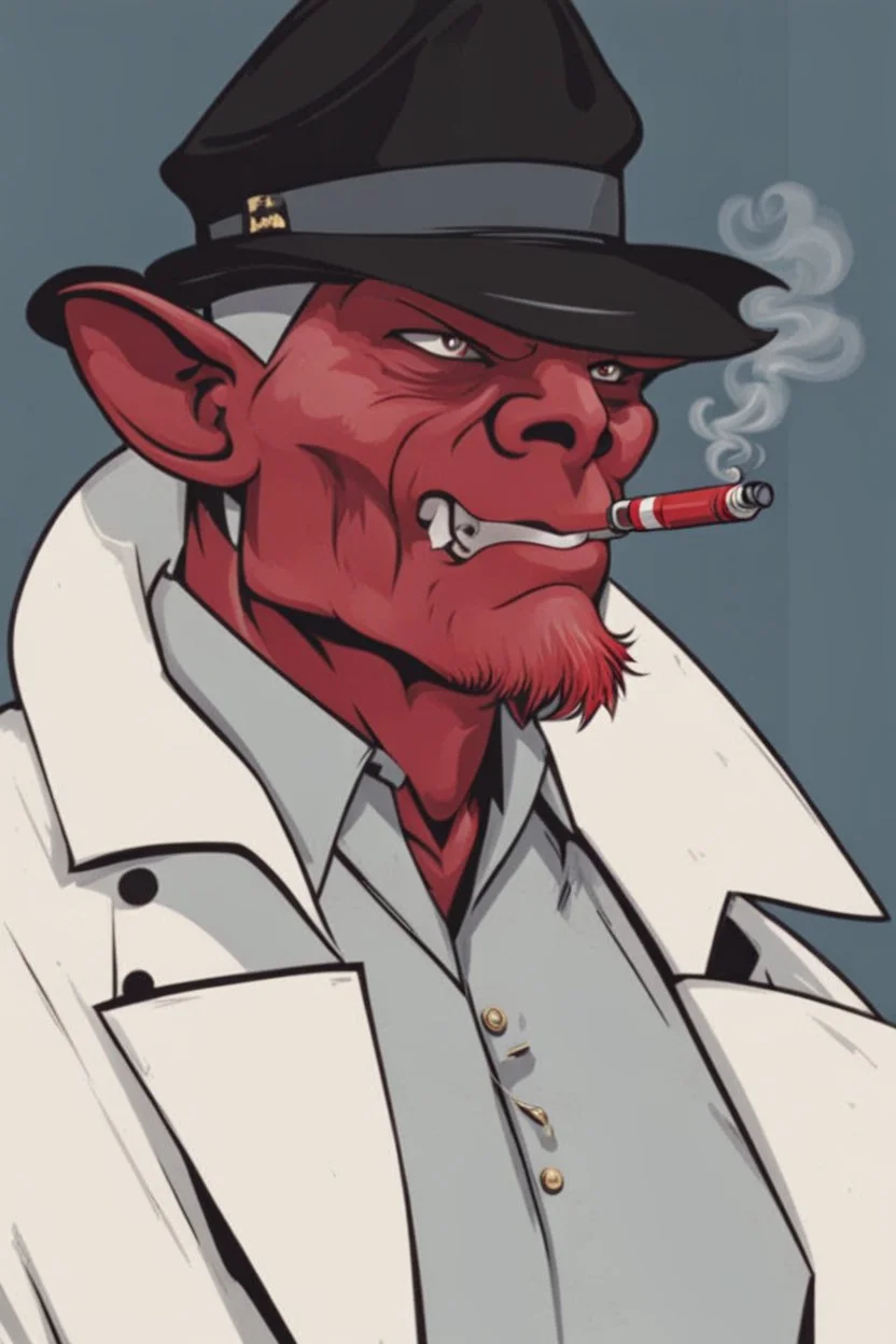 A red demon wearing a police outfit smoking a cigerate.