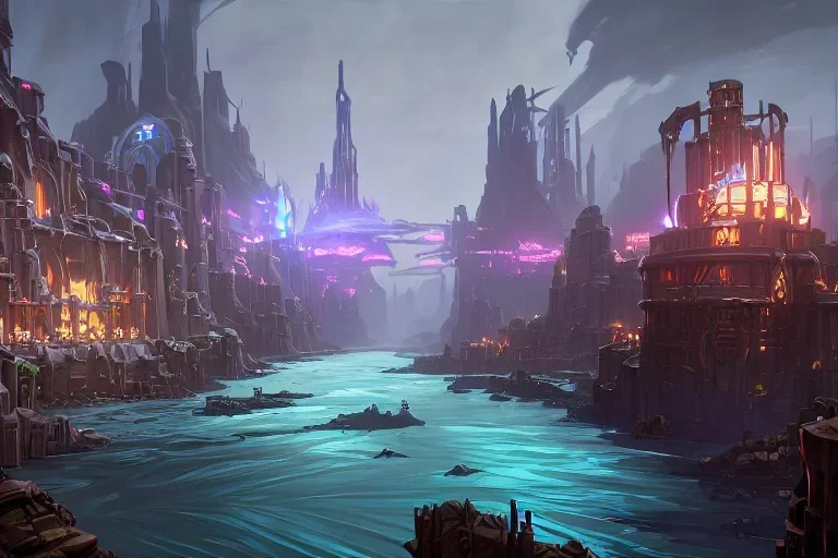 bridges dungeon punk fantasy 7 towers city river ravine canyon