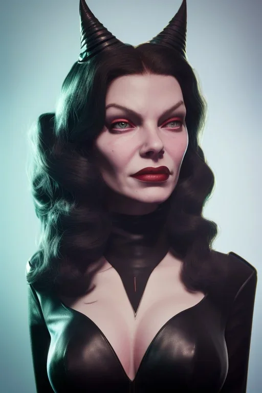 Lauren Bacall as evil queen in black leather, leather, busty, cleavage, angry, stern look. character design by cory loftis, fenghua zhong, ryohei hase, ismail inceoglu and ruan jia. unreal engine 5, artistic lighting, highly detailed, photorealistic, fantasy