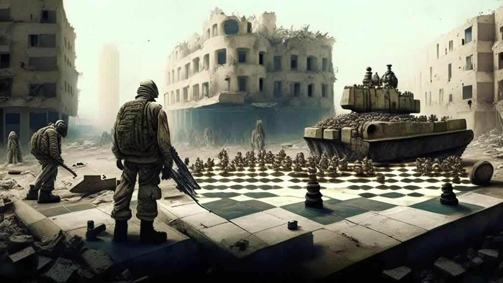 Israeli soldiers and tanks stand on a very large chessboard in the middle of a destroyed city