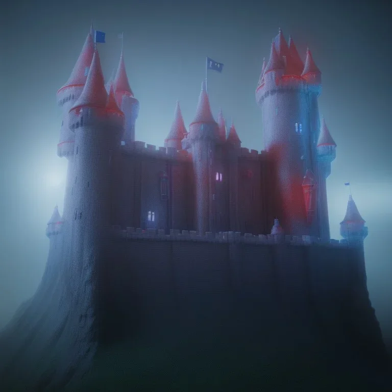 castle built from rubik's red green blue white fantasy foggy