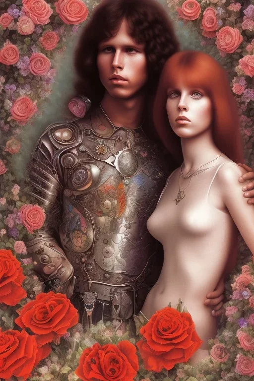 Jim Morrison and Pamela Courson ,music, ignoreNSFW, watermark, bohemian style , blurry,beautiful,elegant,roses, fantasy