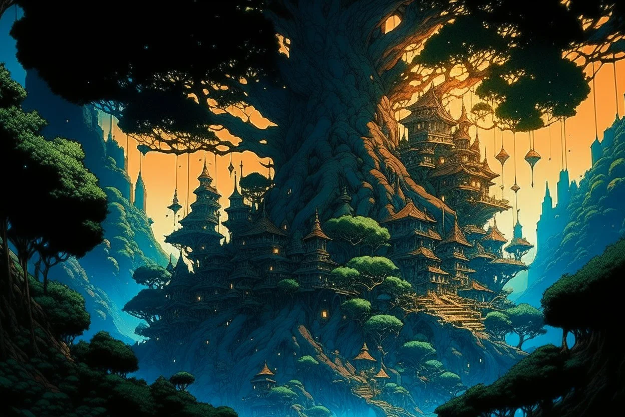 retro anime style, full color, dark serious 1980s anime style, a elf city in a giant tree, no humans, no people