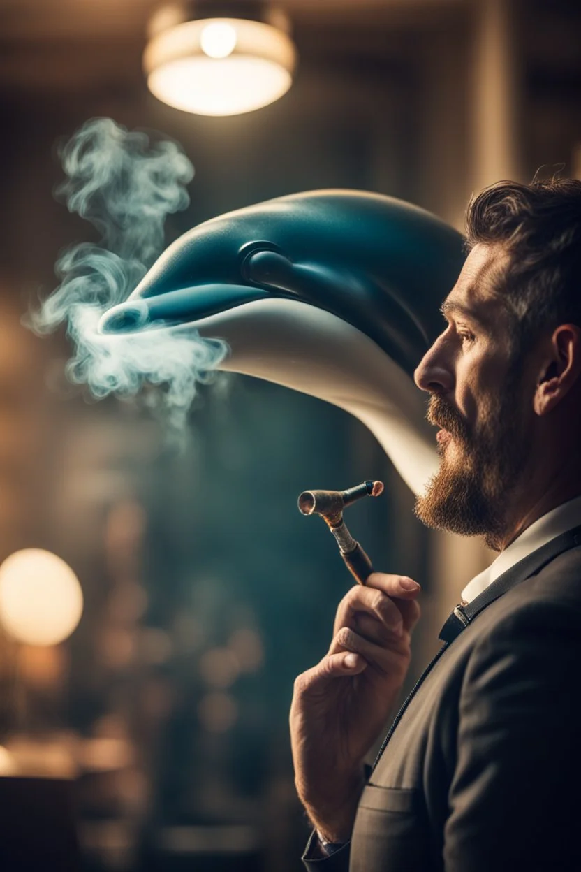 some dude smoking a pipe that looks like a dolphin smoking a pipe, bokeh, downlight, prize winning, depth of field, in the style of ivo caprino, backlight, aura