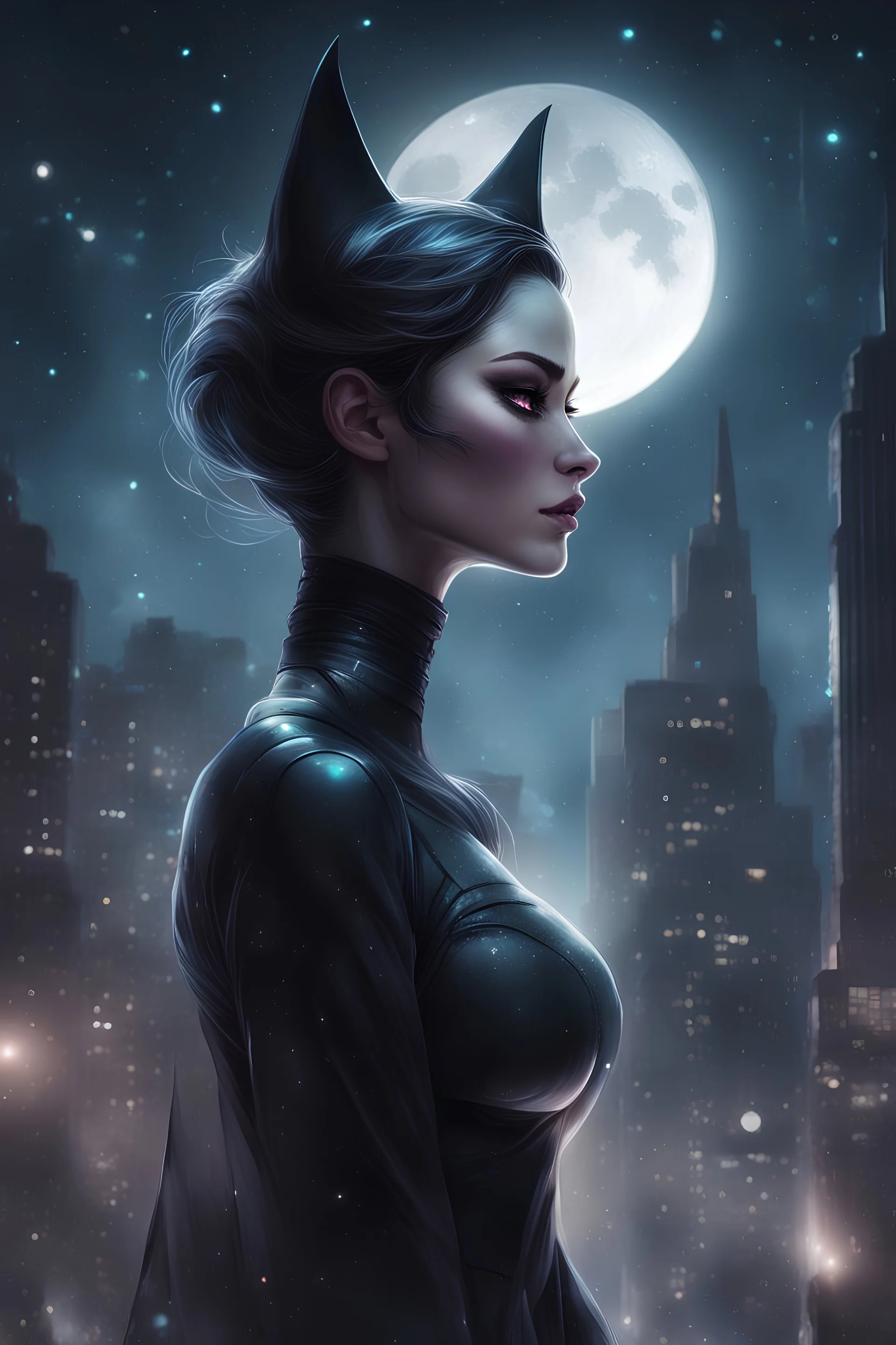 black style, mystical, transparent, ghost catwoman, milky way, moon, behind the night city, Trending on Artstation, {creative commons}, fanart, AIart, {Woolitize}, by Charlie Bowater, Illustration, Color Grading, Filmic, Nikon D750, Brenizer Method, Side-View, Perspective, Depth of Field, Field of View, F/2.8, Lens Flare, Tonal Colors, 8K, Full-HD, ProPhoto RGB, Perfectionism, Rim Lighting, Natural Lighting, Soft Lighting, Accent Lighting, Diffraction Grading, With Imperfections, insa