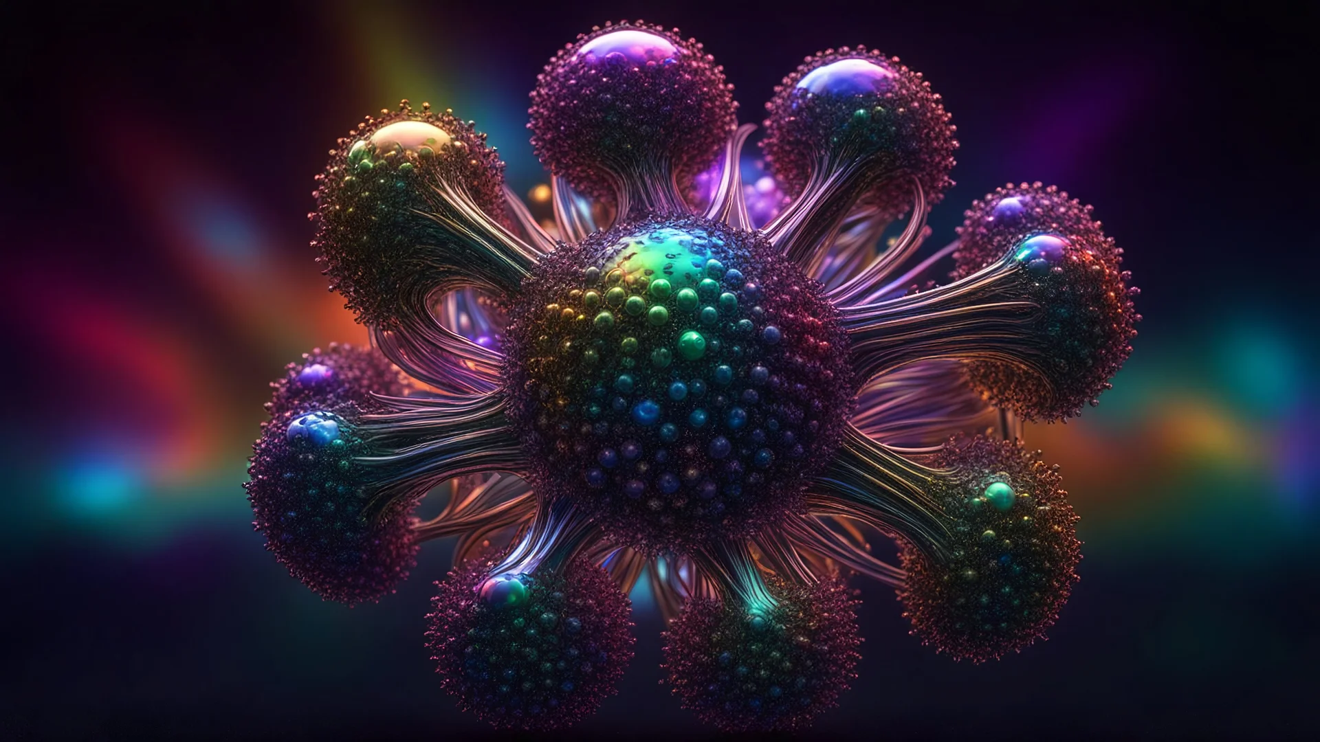 accurate stellated buckyballs with protruding organic tentacles, exciting, beautiful, complete, floating in space, iridescent, luminescent, fantasy, magic, reflective, multicolored, fractal texture, exquisite composition, bokeh, intricate detailed octane render trending on artstation, 16k detailed artistic photography, photorealistic concept art, natural volumetric cinematic perfect light, chiaroscuro, award-winning photograph, masterpiece, lens 28mm