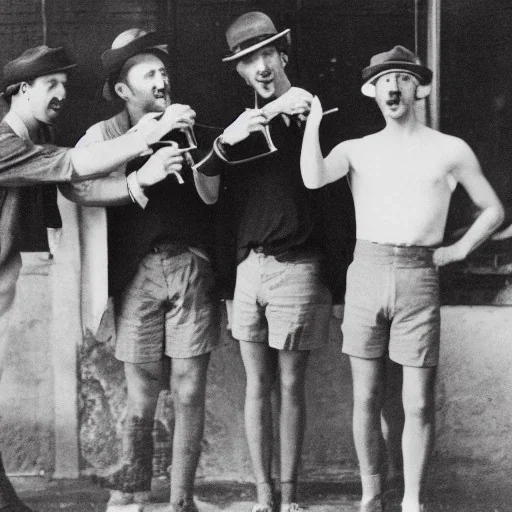 a group of four male friends with very small shorts on and large hats and holding trombones