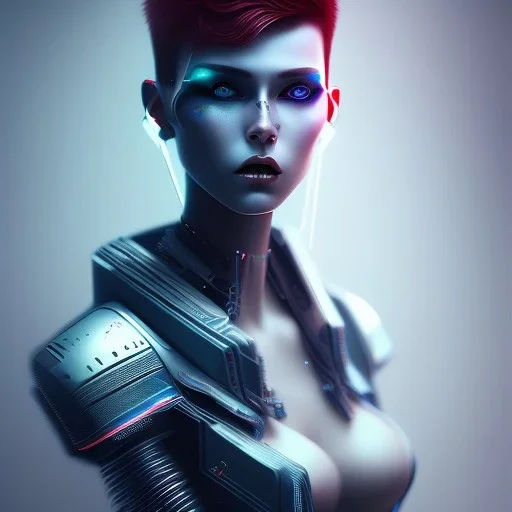 beautiful pale cyberpunk female with heavy black eyeliner, blue eyes, shaved side haircut, hyper detail, cinematic lighting, magic neon, dark red city