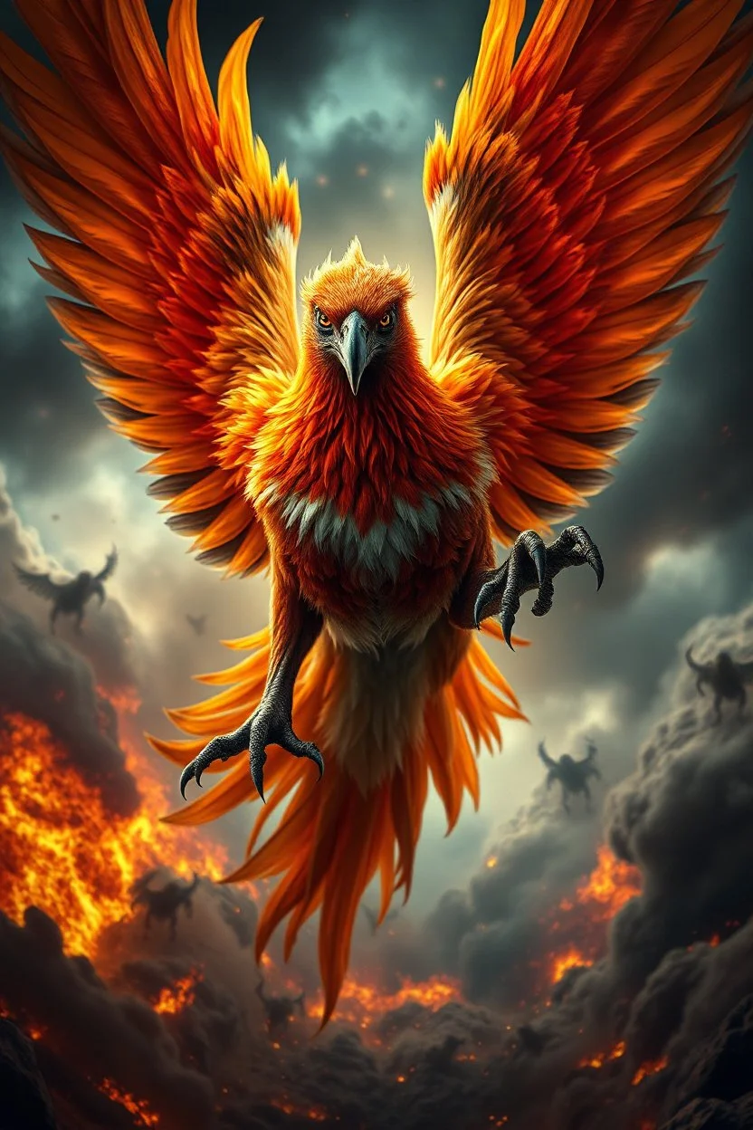 Create a ultra high definition and photorealistic image, 12k quality of a beautiful phoenix, majestic and strength showing, emphasis on texturized claws, upclose with a front view flying towards the camera, centre of an explosive and chaotic background scene of Armageddon where he is followed by demon like dark clouds in persuit trying to grab him, phoenix has striking eyes and determined look, majestic wings folded inwards in flight, bright auburn, black, white, grey and yellow colours, gothic