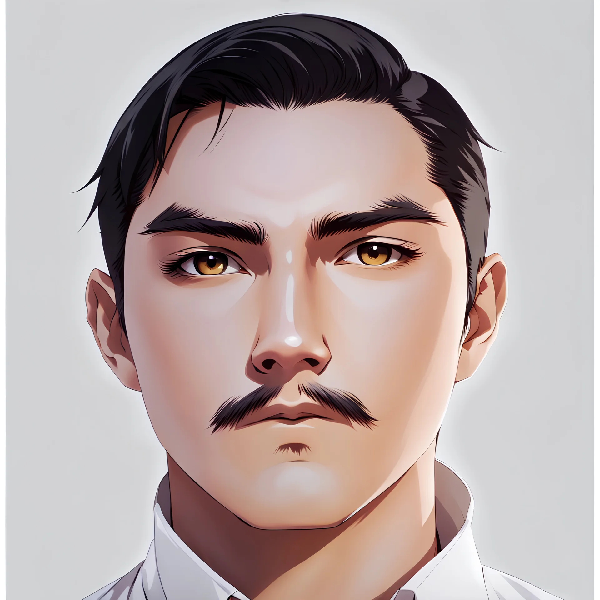 mysterious youthful Russan male, man, dark and intriguing, confident, intense, handsome, anime style, retroanime style, dark black short hairs, white shirt, white paint background, white man, brown eyes, mustache The head looks straight ahead