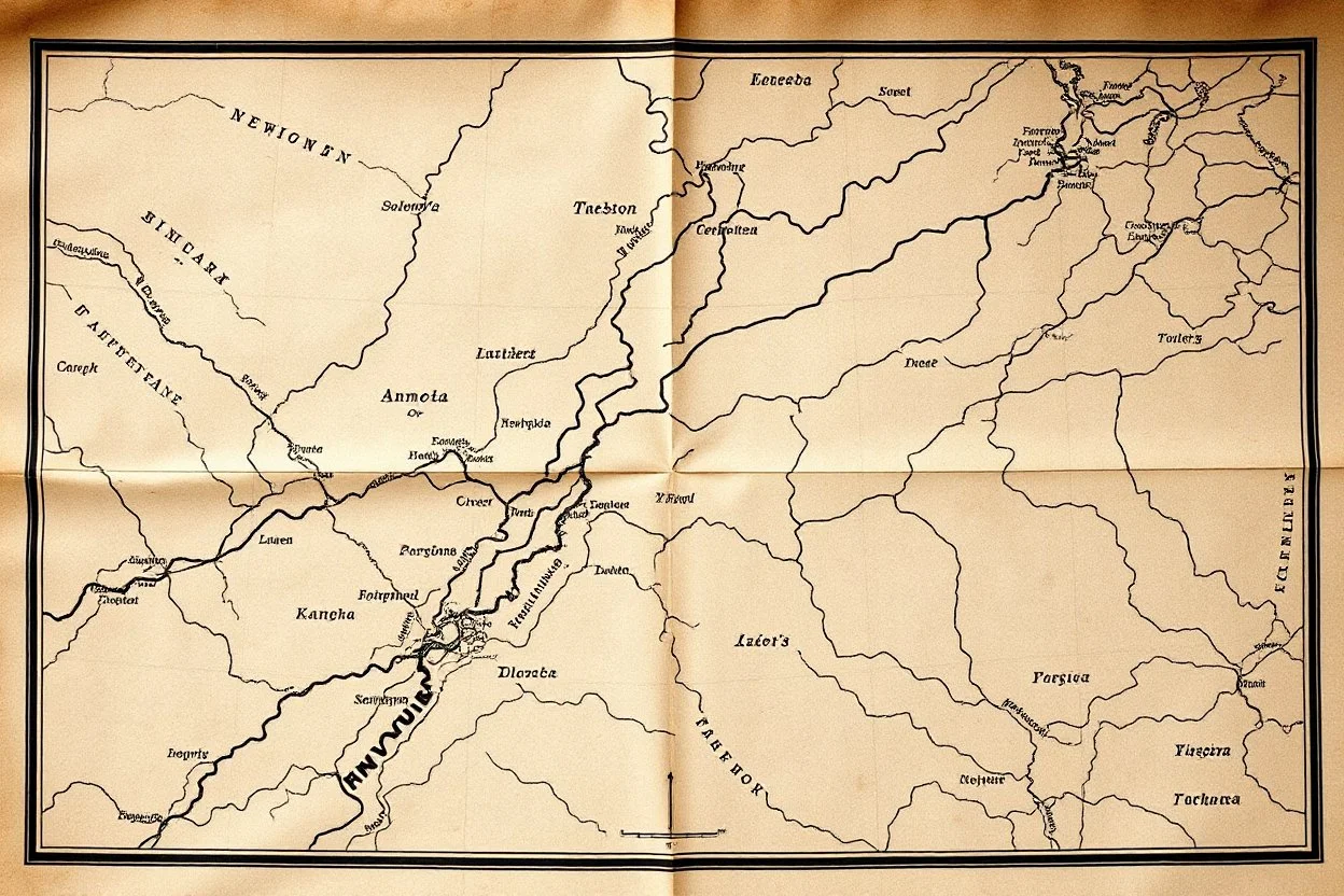 an old and weathered trail map that was printed in black and white, no words or text, with latitude and longitude lined