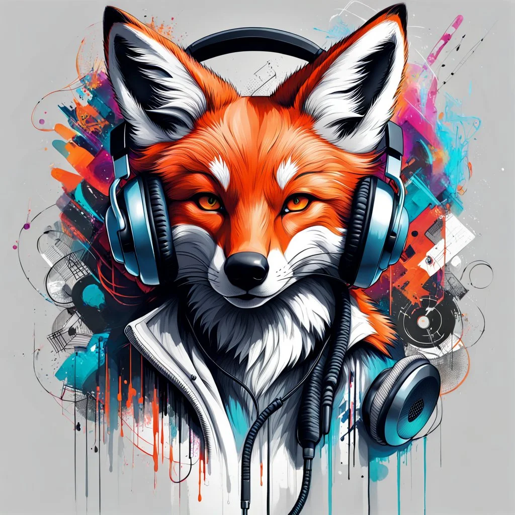 Illustrative sketch of a humanoid fox in music with headphones, ultra quality, hyper detailed, graffiti, concept art, maximalism, 8k