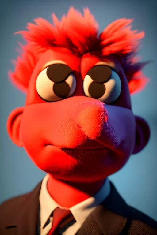 Waist up muppet Portrait, Kim Jong-un muppet doll, black suit, photo studio, red background, unreal engine 5, concept art, art station, god lights, ray tracing, RTX, lumen lighting, ultra detail, volumetric lighting, 3d.