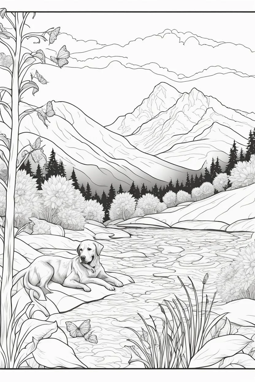 Playful Golden Labrador in a lively field of sunflowers, butterflys, mature coloring artwork, contour, vector, clean line art, white background, detailed, black and white, in the style of Mandala design