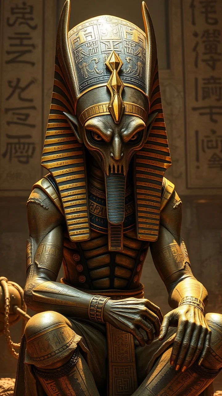 , golden ,Anubis, Egyptian god, angry, multiple textures, detailed clothing, hieroglyphs, contrasting light, sitting by an alien