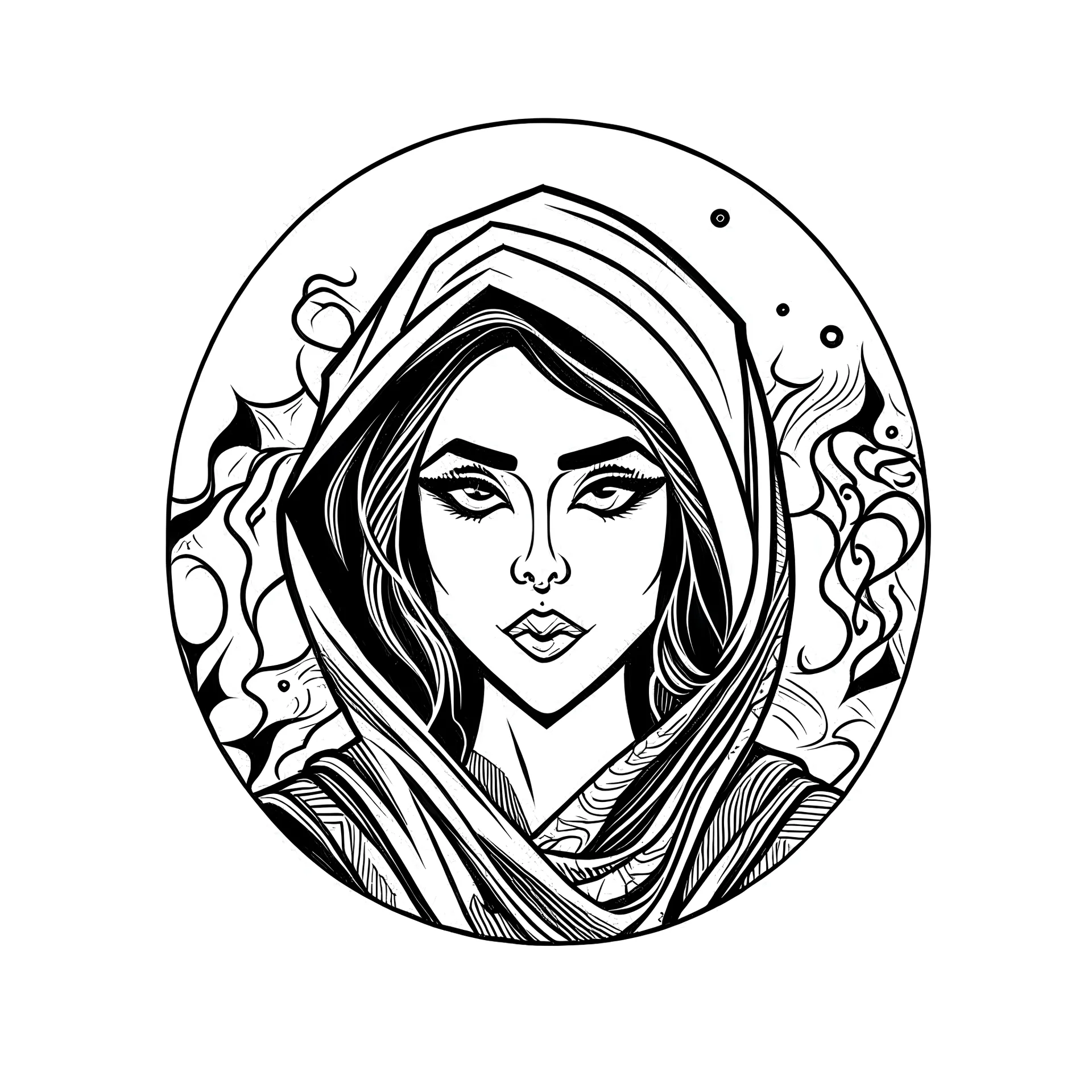 A line art logo of a beautiful Persian female with messy lines in the center of a black and white background. The logo is artistic and minimal, and has a striking contrast.