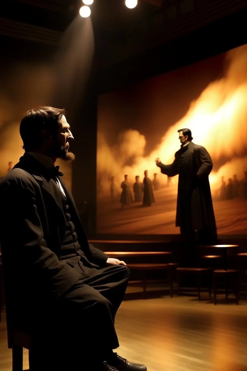 Create a powerful visual representation of the moment Booth fires a single shot into the back of Abraham Lincoln's head. Convey the shock and chaos among the audience as the gunshot reverberates through the theater