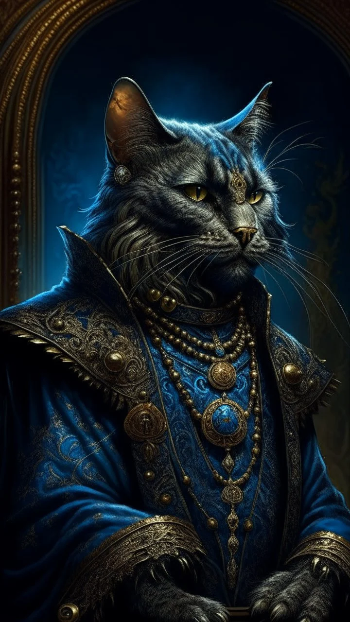 Upscale orkand almost leads to the extinction of cat musk king with chrown, in an accurate revenge scheme,Dramatic, dark and moody, inspired style, with intricate details and a sense of mystery Blue background, 16k