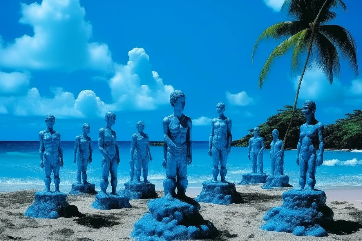 A blue beach with Hawaiian tiki statues painted by Andy Warhol