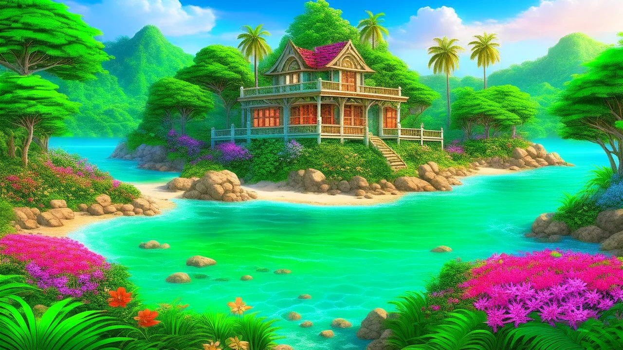 private tropical island, big beautiful house, Virginia mountains, flowers, beach, gems, trending on artstation, sharp focus, studio photo, intricate details, highly detailed, gemstones decorating a lagoon