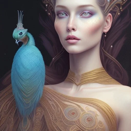 portrait of woman queen of peacocks, long black hair, blue eyes, stunning, beautiful, gorgeous, realistic, photo illustrative, ornate, 8K resolution, high-quality, fine-detail, digital art, detailed matte, brian froud, howard lyon, selina french, anna dittmann, annie stokes, lisa parker, greg rutowski,