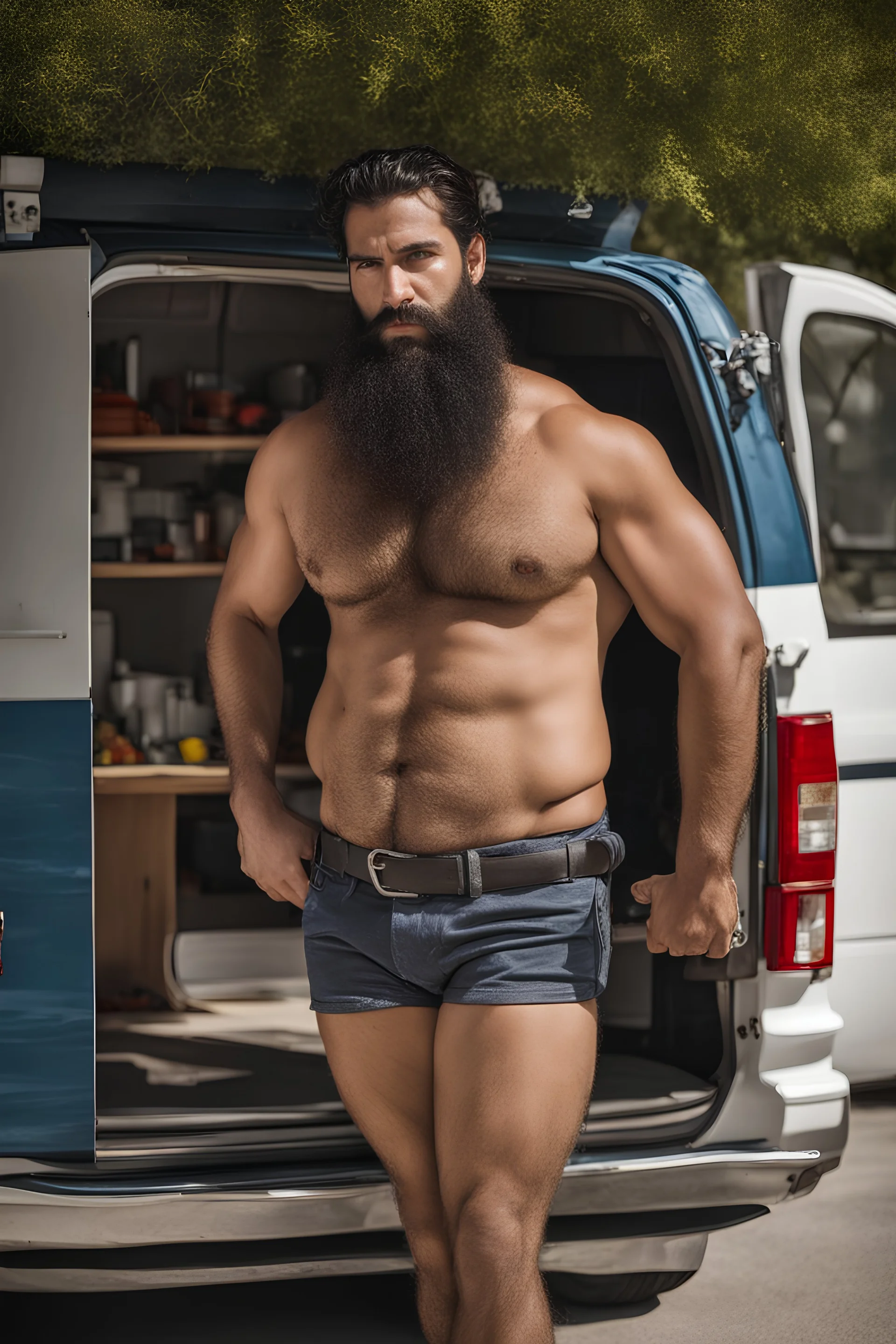 half figure photography of a 31 year old beefy burly sicilian plumber, wearing his work unbuttoned uniform, bulge, leaning with his back to his van, arms folded and angry look, , hairy chest, big belly, very virile, long black beard, very short hair, sweat, , in a sunny street, photorealistic