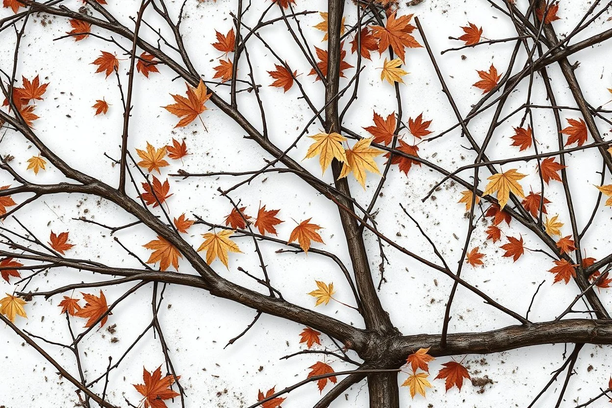 detailed Real Tree Camouflage made of bare branches, fir branches, dried maple leaves, snow and dirt, light shadows, white background, seamless repeatable texture camo pattern, muted color