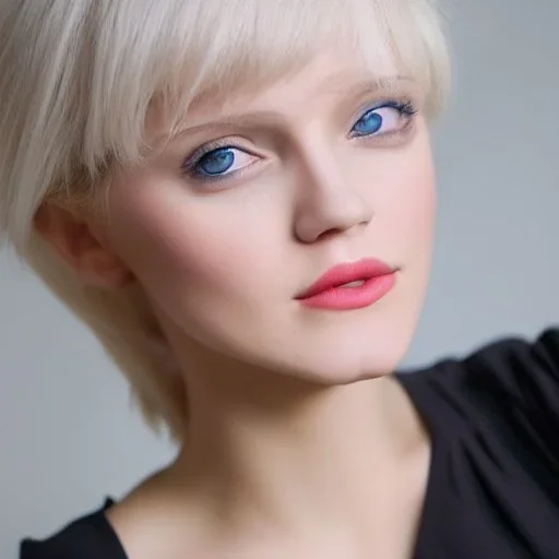 Pretty face of a woman,deep blue eyes, nice nose, pretty lip, simi smile, pointed ears, white skin, white simi gold hair, medium hair, nice neck, sexy soulder, looking in side view, sexy dress, medium breast size, simi full body portrait