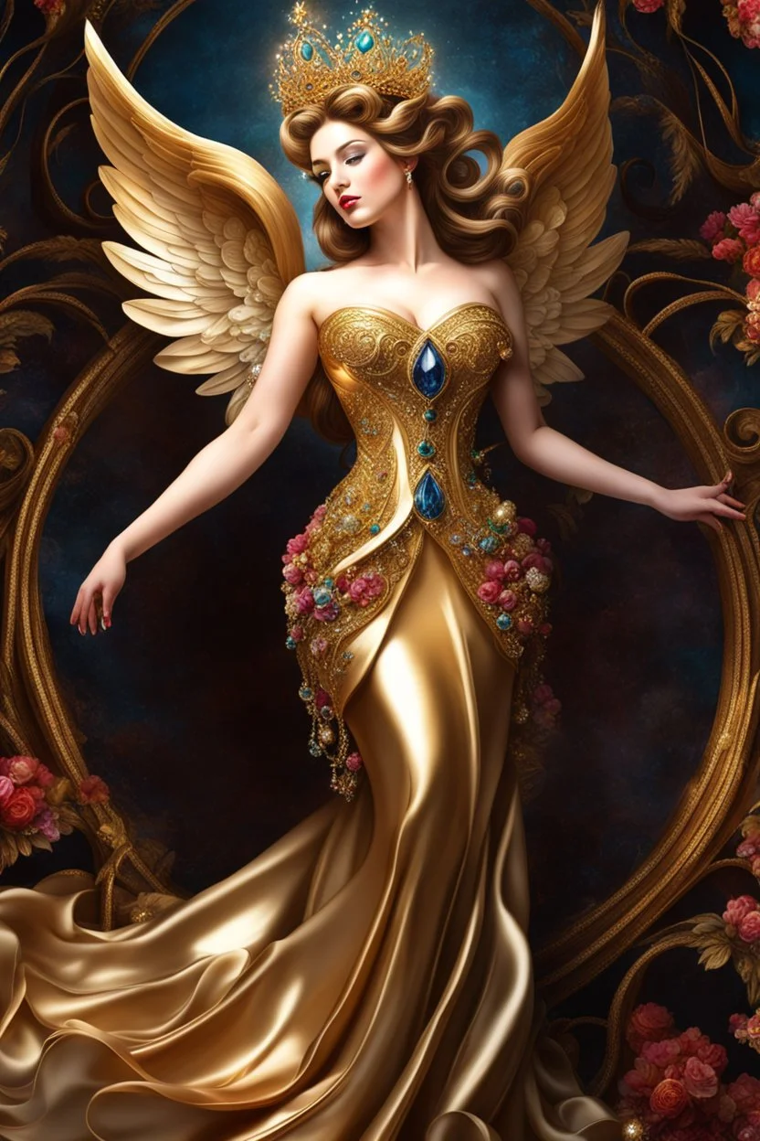 Photography realistic Beautiful Queen Angel wearing a magical gown of swirly flowing marble water gold filigree curlicues, flowering flowers, bloom, sparkle, ornamental gilt, diamonds, rubies, emeralds, sapphires, beautiful, delicate, intricate, elegant, graceful, shiny, Hyperrealism, Rococo, expressive, spherical, zoom out, volumetric lighting