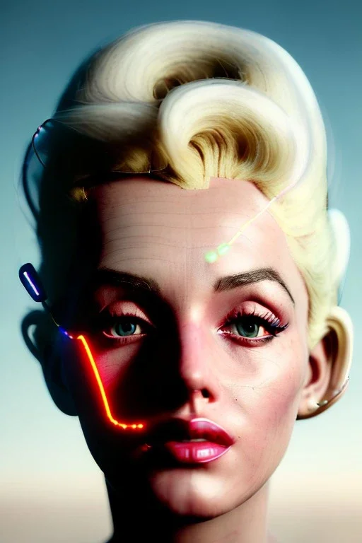 Ultra Realistic image, portrait, blonde woman, sweet Marylin Monroe face, perfect iris, glow eyes, makeup, wires attached to head. Retro sci-fi style, helmet, latex coat, fog, rain, soft color, highly detailed, unreal engine 5, ray tracing, RTX, lumen lighting, ultra detail, volumetric lighting, 3d, finely drawn, high definition, high resolution.