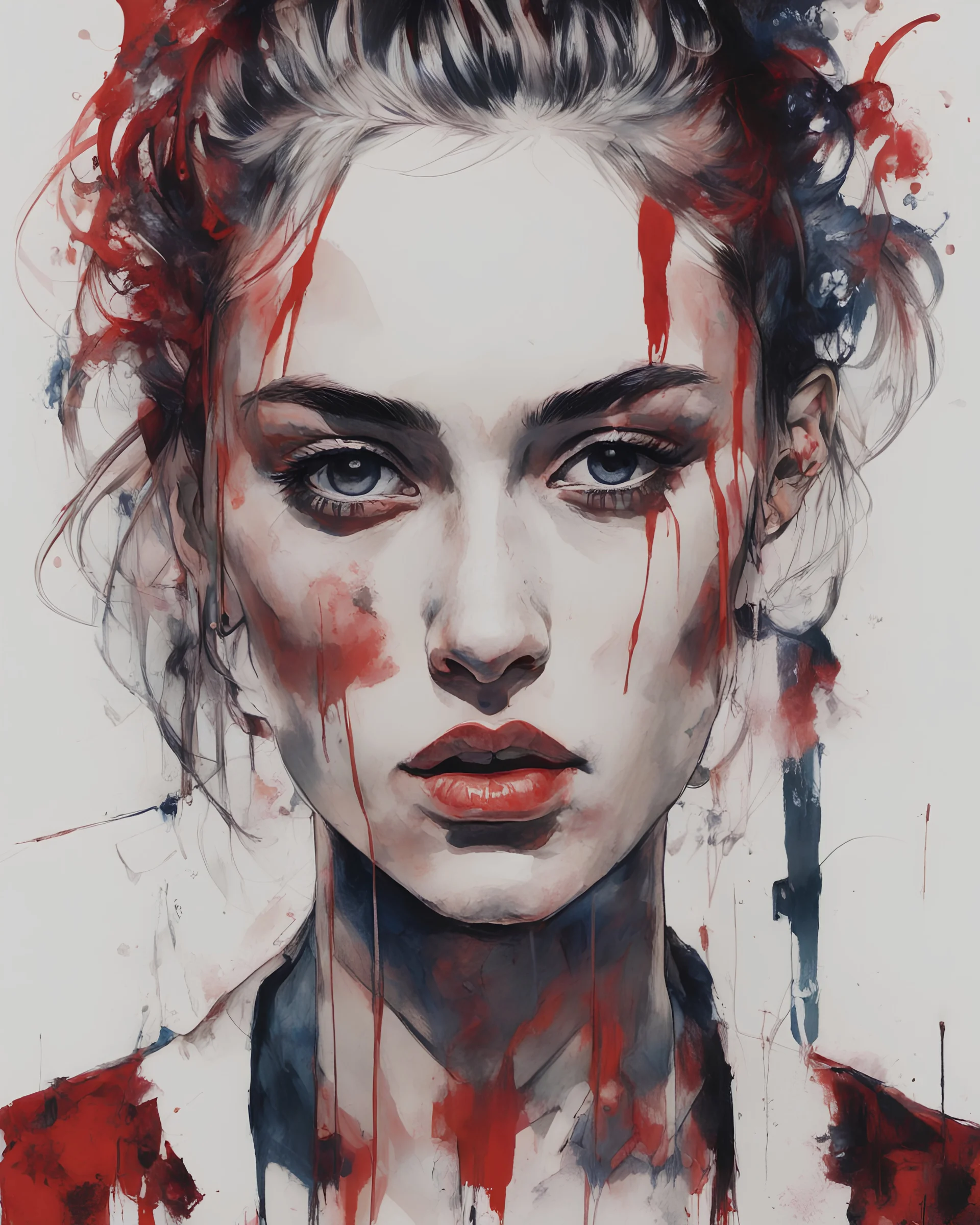 A portrait of a Singer Danish MØ face, symmetry, hyperdetailed, painting by Yoji Shinkawa, darkblue and darkred tones,