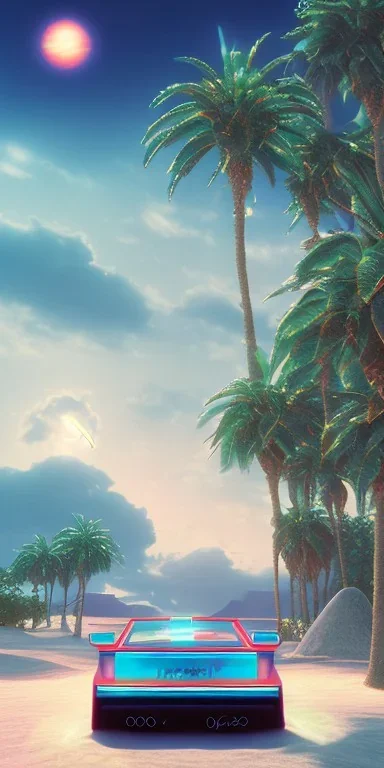 1980's aesthetic vaporwave palm trees and spheres and glowing Porsche