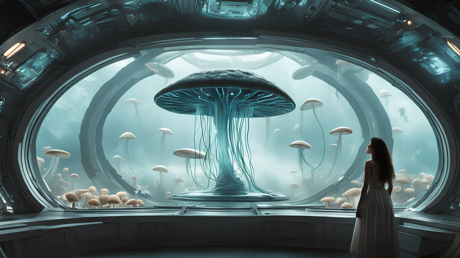 woman standing inside the interior of an alien spaceship, with a large window, with mushrooms with jellyfish tentacles outside