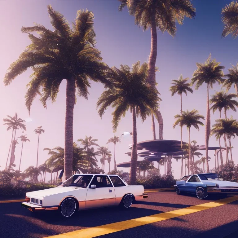 1980's aesthetic vaporwave palm trees with spheres and car