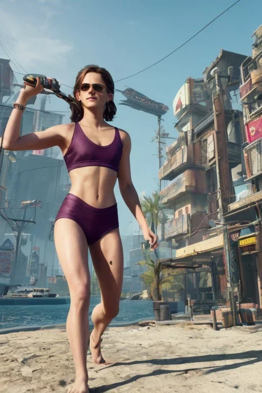 Emma Watson, full-length, in a swimsuit, cyberpunk 2077, photorealistic illustration, 4k