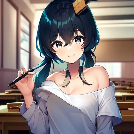 Clear focus, High resolution, a anime adult, cute, cartoony style, smiling, hair between eyes, holding a pencil, small forhead, female, medium length hair, long locks, lots of bangs, teacher, wearing a off shoulder shirt, no spaghetti straps