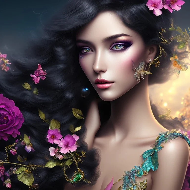 black skin fairy, beautiful portrait, flowery landscape