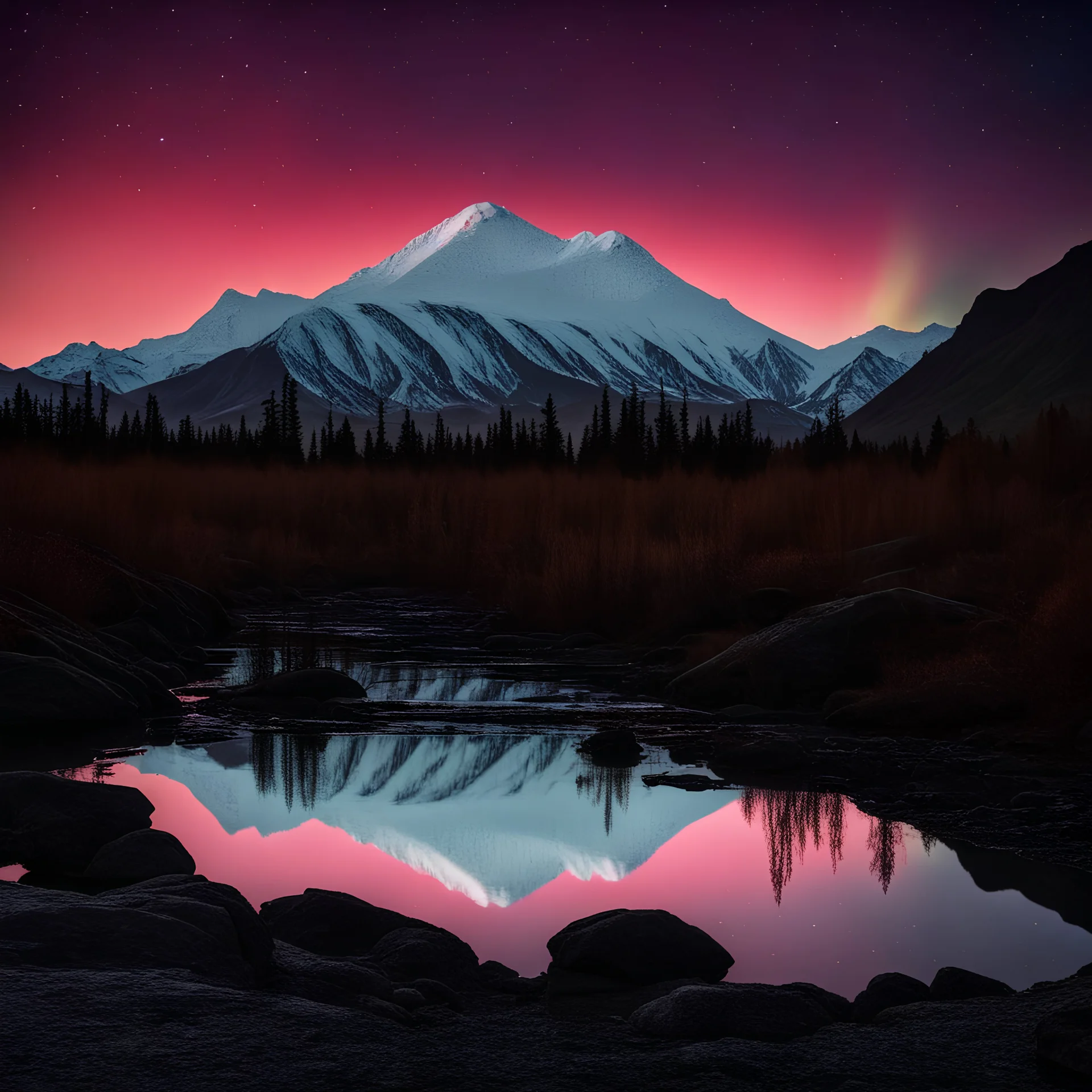 Denali mountain silhouette with aurora borealis in backround, with water