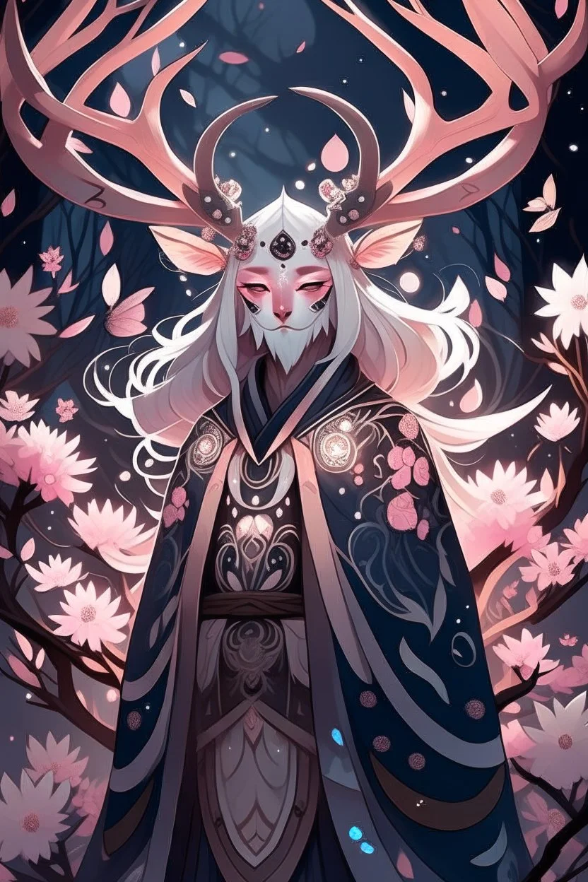 Pink hair spring cherry blossom Eladrin Male antlers blossom filled beard druid of the stars