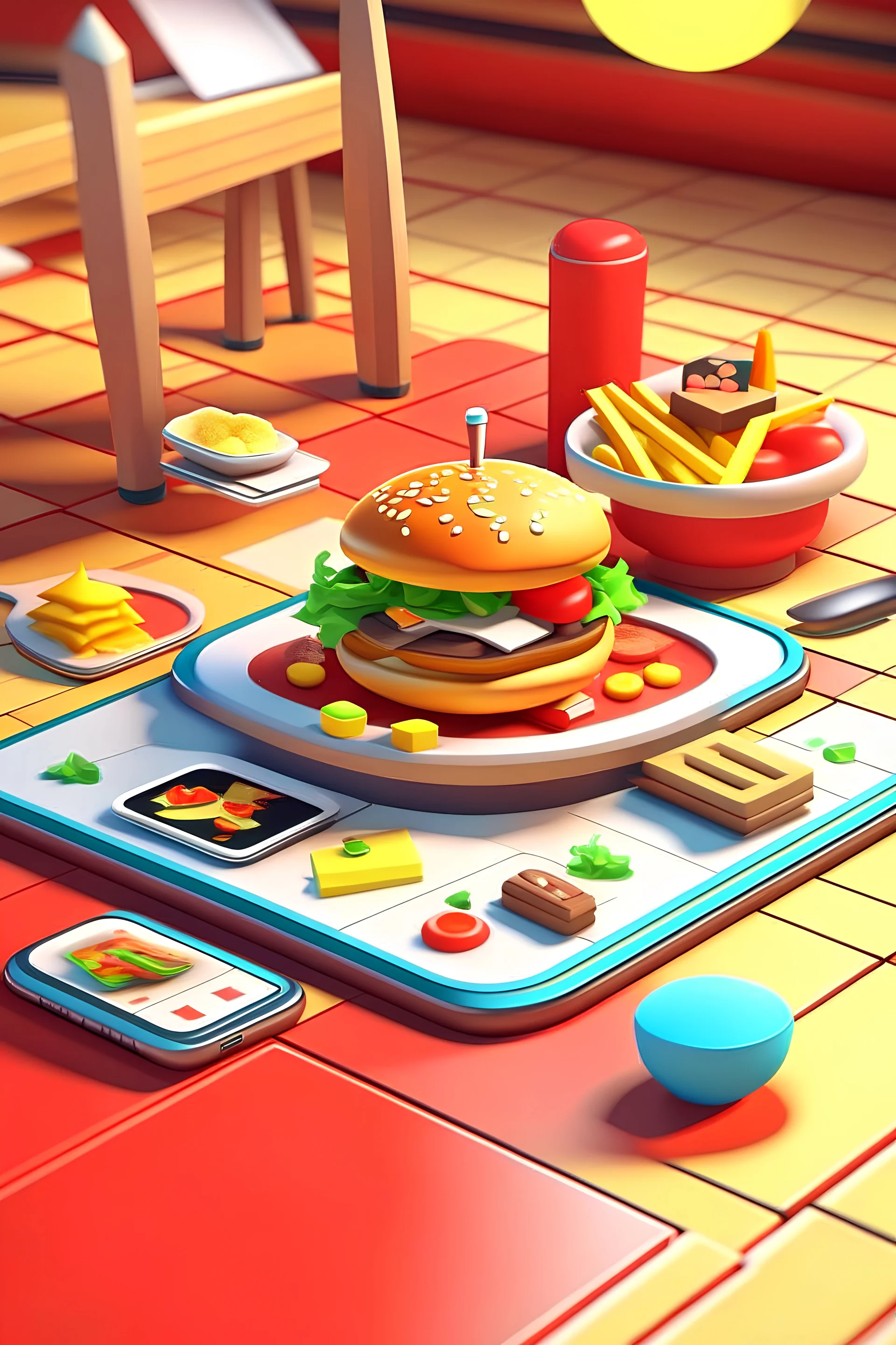 The small and cute cartoon style is conformal, a simple image of a mobile phone in the center of the table, a small hamburger shop expressed in 3D modeling on the screen of the mobile phone, and small hamburgers, coke, and French fries around.