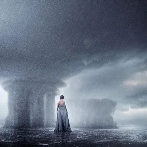 A princess standing. Epic scale. Heavy cold rain. Thunderstorm. An engineer looking up. Futuristic scenary. Gray mist.