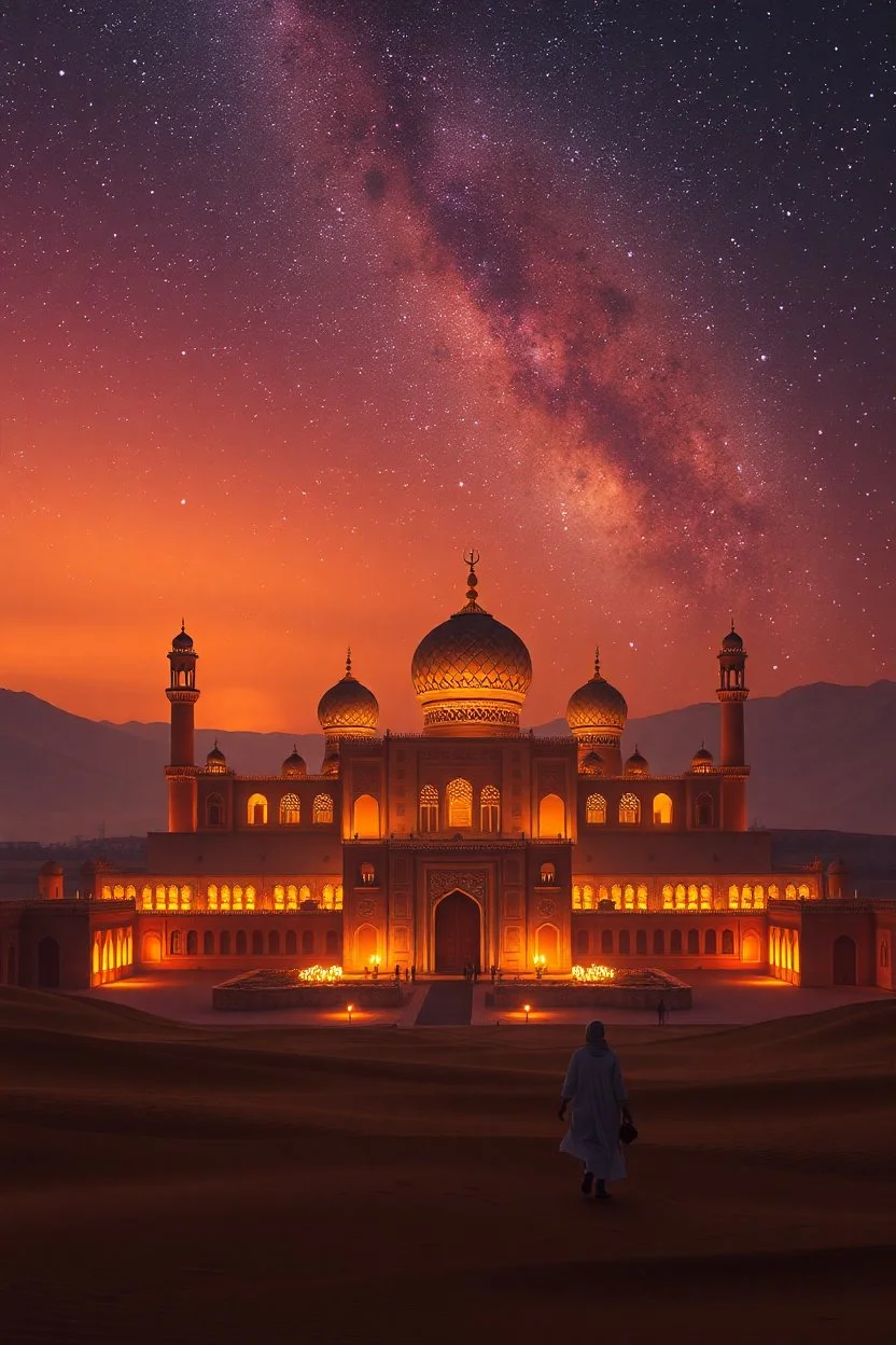 photographic realism. a beautiful Middle-Eastern scene in the middle of a desert at sunset. atmospheric. huge palace and immense view of the night sky.