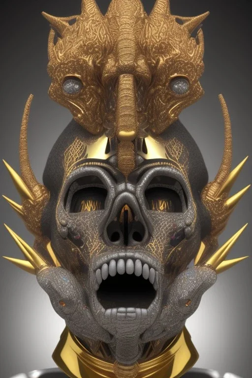 Anunnaki black male African Egyptian alien, cracks in the voodoo head, wicked, eyes, crown, Elephant, 8k, finely detailed, photo realistic, tiger turquoise skull head gold dragon space alien snow skeleton gold olmec silver crown silver eyes