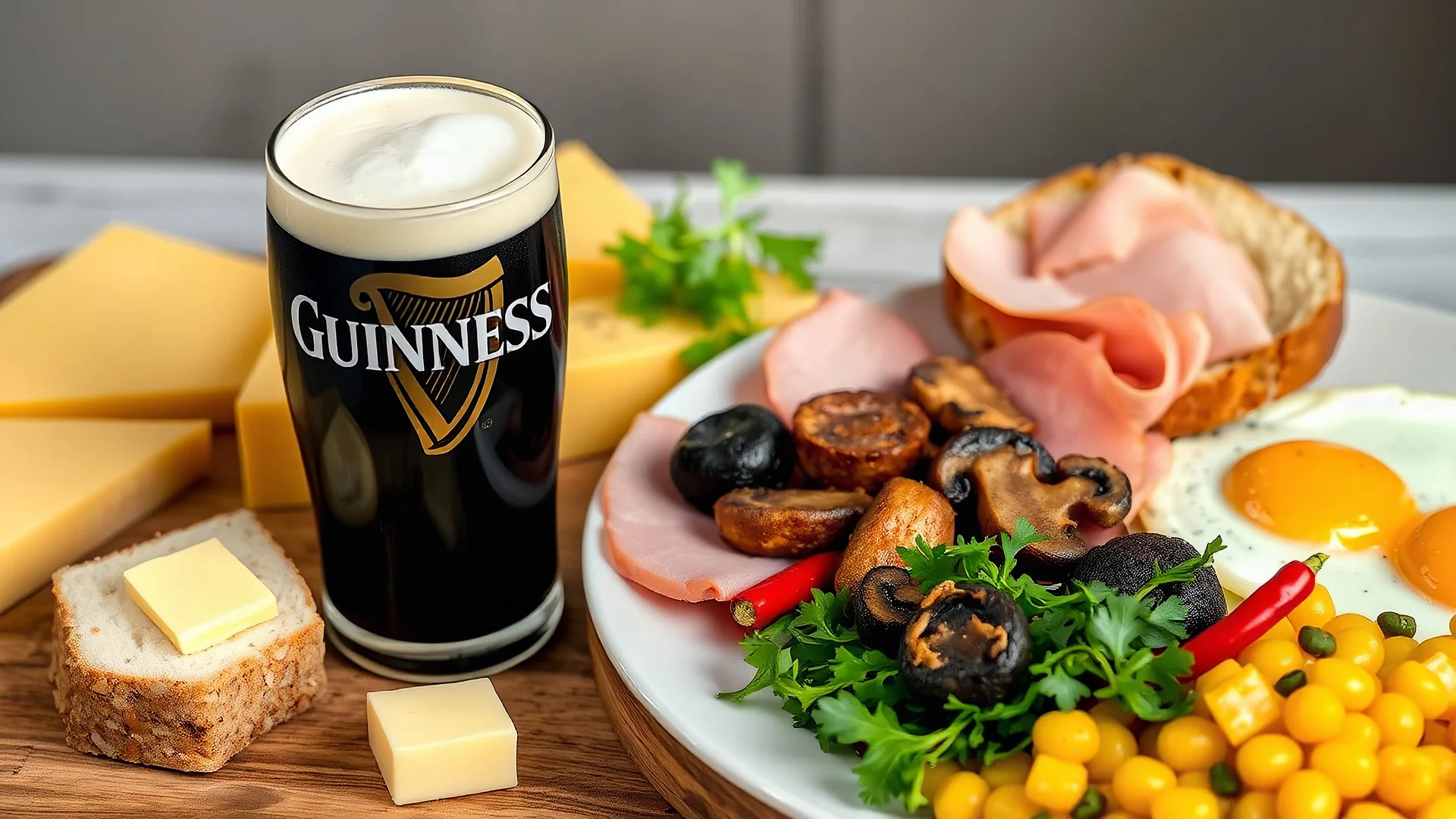 A glass of Guinness stout, a platter of cheeses, a chunk of freshly baked bread with butter and sliced ham, fried eggs, fried black pudding, fried mushrooms, watercress, sliced red chillies, bubble and squeak, butter. Award-winning colour photograph.