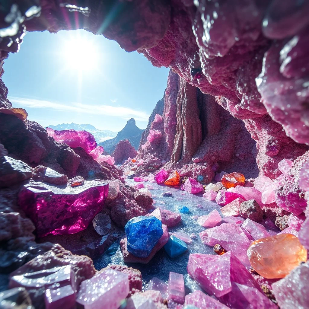 Double exposure world inside a fantastical crystal geode, magical gemstone mountain which flows a river made of melted sparkling sapphires, gemstone landscape, colorful, HD