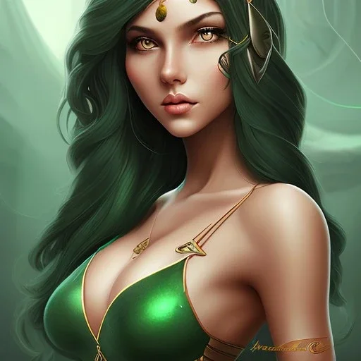 Portrait, Woman, heroic fantasy, dark-skinned, indian, wavy black hair, one green hair strand, 20 years old, half-hawk haircut