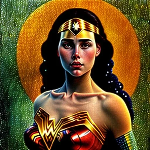 dibujo al oleo de cuerpo entero de Wonderwoman estilo Gustav Klimt