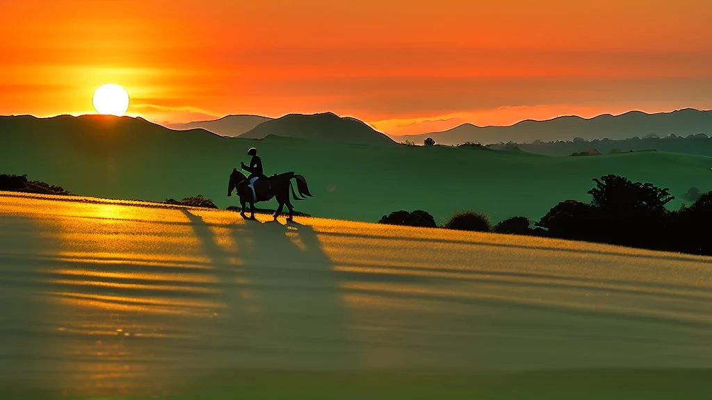 Silhouette of a lone rider on the green hill at sunrise